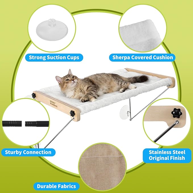 HoneyGuardian Cat Window Prech,Metal Support from Below with 4 Suction Cups, pet Bed, cat Window Hammock for Large Cats and Kittens