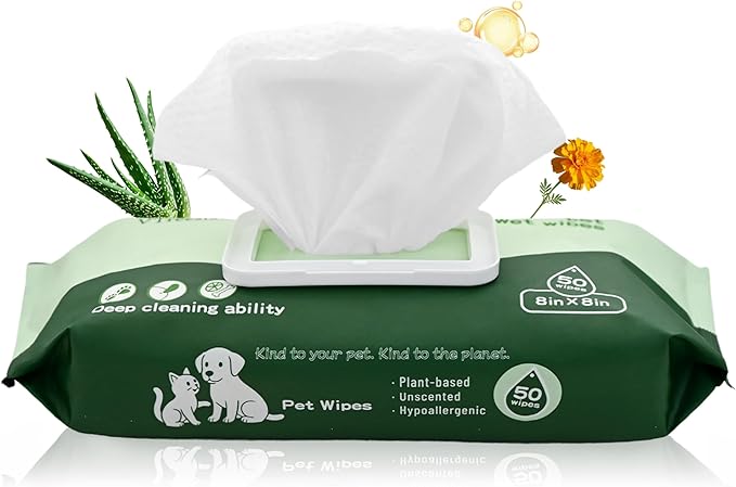 Unscented Pet Wipes for Dogs and Cats (50 Count) - Hypoallergenic Biodegradable Grooming Wipes for Cleaning Paws, Face, Body & Fur - Gentle Deodorizing Dog Wipes & Cat Wipes for Daily Use