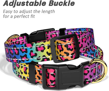 Reflective Dog Collar for Large Dogs, Cute Leopard Style Adjustable Heavy-Duty Nylon Puppy Collar for Boy and Girl Female, Soft Pet Accessories with Quick Release Buckle, Neon