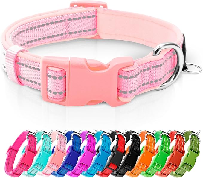 azuza Reflective Dog Collar,Soft Neoprene Padded Pet Collar with ID Tag Ring,Adjustable for Small Dogs,Pink,S