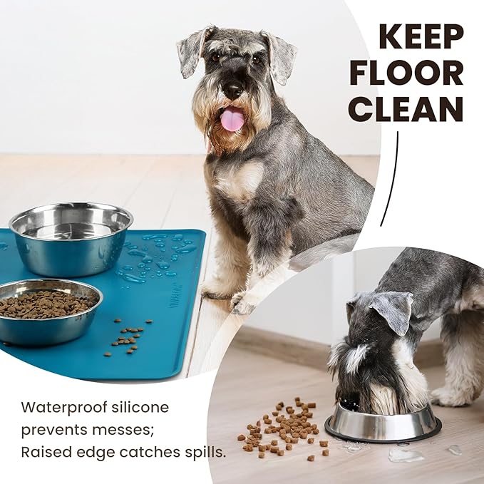 VIVAGLORY Dog Food Mat Flexmat Dog Bowl Mat, Placemat Food Tray with Raised Edges & Lip for Indoor Floor, Non Slip Waterproof Silicone Dish Placemat for Cat & Pet, L, Deep Blue