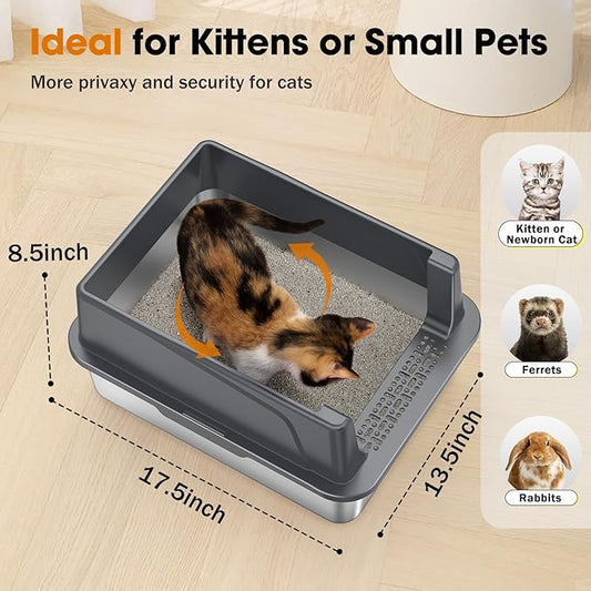 2PACK Stainless Steel Cat Litter Box with Lid, High-Sided Metal Litter Pan for Small Cats, Kitty Litter Box, Non-Stick & Odor-Resistant, Anti-Urine Leakage, Easy to Clean, Scoop Included