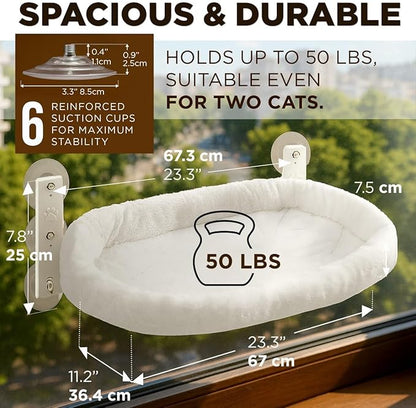 Cat Window Perch – Strong 6 Suction Cup Foldable Cat Hammock Bed for Large Cats and Kittens that Holds up to 50 lbs with Washable Reversible Cover, Sturdy Metal Frame for Window (White)