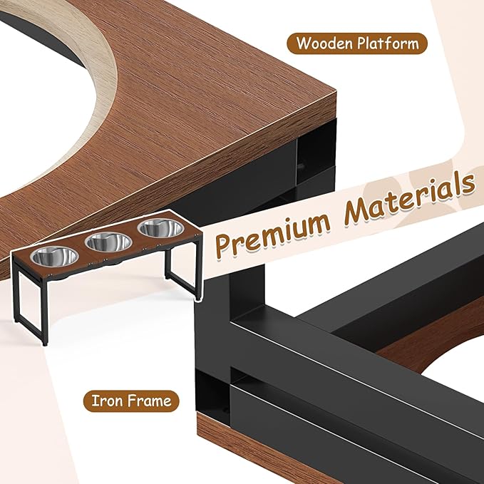 Elevated Dog Bowls Large Breed,Adjustable Raised Dog Bowl Stand,Stainless Steel 3 Bowl Dogs Feeding Station,12.5cup/101oz Each Food Water Bowl(Iron Holder,Wooden Platform,Grained Oak)