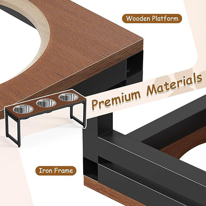 Elevated Dog Bowls Large Breed,Adjustable Raised Dog Bowl Stand,Stainless Steel 3 Bowl Dogs Feeding Station,12.5cup/101oz Each Food Water Bowl(Iron Holder,Wooden Platform,Grained Oak)