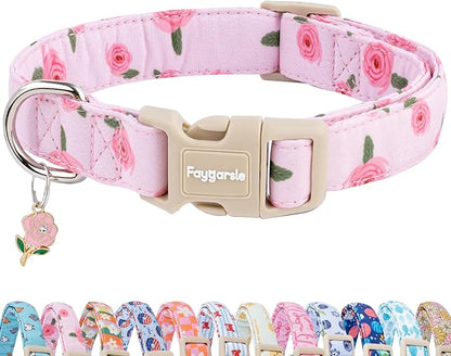 Faygarsle Pink Floral Dog Collar with Roses Pattern, Spring Summer Design for Small Medium Large Dogs L