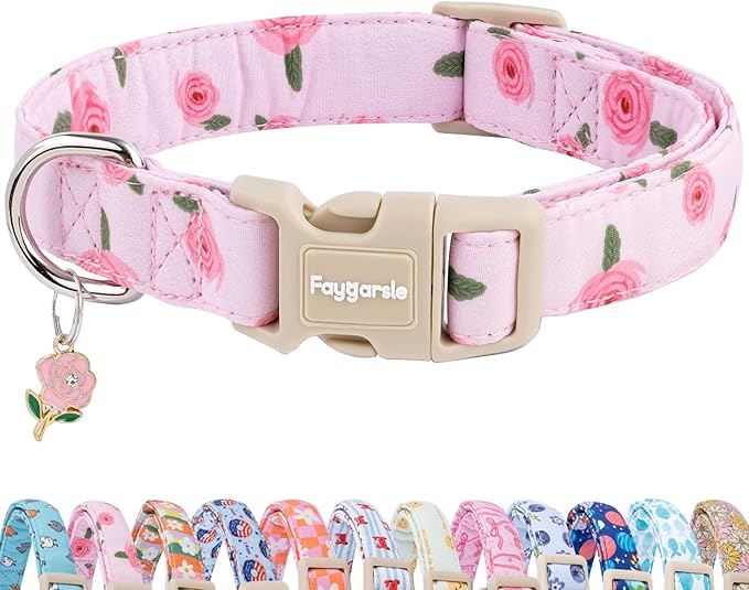 Faygarsle Pink Floral Dog Collar with Roses Pattern, Spring Summer Design for Small Medium Large Dogs M
