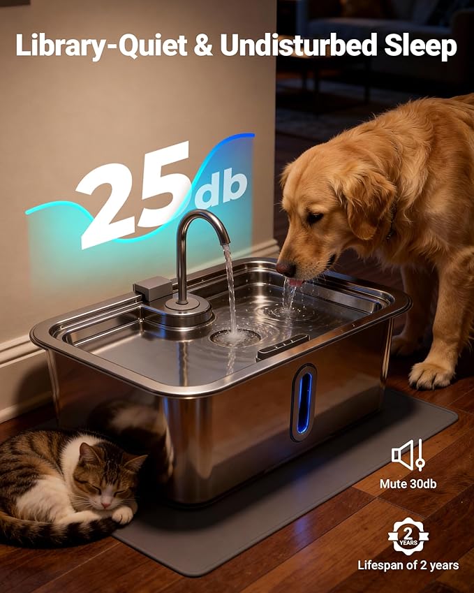 18L/4.76Gal Extra Large Dog Water Fountain with Silicone Mat & 3 Filters, Quiet Pet Water Fountain for Giant Breeds, Stainless Steel Dog Water Bowl Dispenser with Visible Window & Alert Light