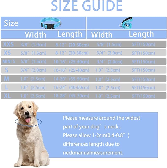 Reflective Dog Collar with Safety Locking Buckle, Adjustable Soft Breathable Nylon Collars for Small, Medium and Large Dogs(Collar+Leash L Sky Blue)