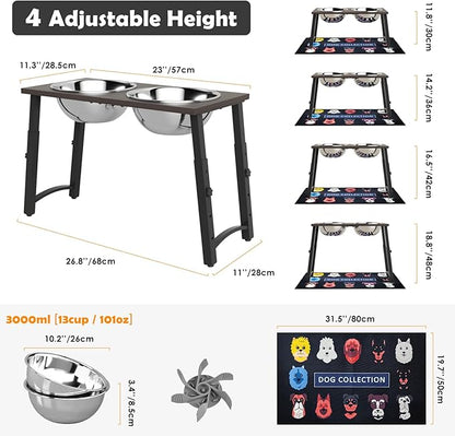 Raised Dog Bowl with Spill-Proof Mat, 4 Adjustable Heights, Two 3000ML Stainless Steel Bowls with Slow Feeder, Elevated Food & Water Bowls for Medium, Large, and Extra Large Dogs