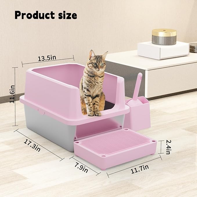 RIZZARI Cat Litter Box: Pink Stainless Steel Odor Control Pan - Easy Clean Non-Porous - 11.6" High Sides Anti-Scatter - Open Top for Fast Scooping - with Scoop - Apartment Bathroom/Laundry Room