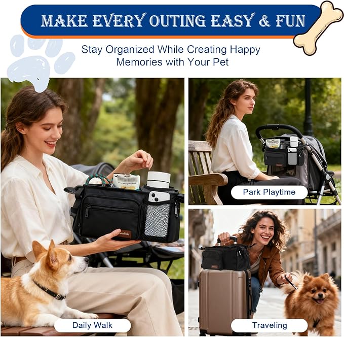 Dog Stroller Organizer Bag, Dog Mom Gifts for Women Pet Stroller Caddy, Stroller Accessories with Cup Holder, Poop Bag Dispenser, Pockets for Dog Essentials, Fits 14–19" Handles, Dog Mom Gift Ideas