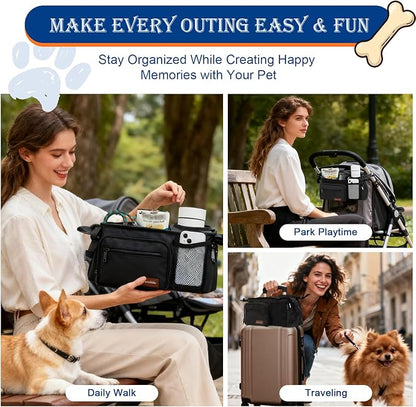 Dog Stroller Organizer Bag, Dog Mom Gifts for Women Pet Stroller Caddy, Stroller Accessories with Cup Holder, Poop Bag Dispenser, Pockets for Dog Essentials, Fits 14–19" Handles, Dog Mom Gift Ideas