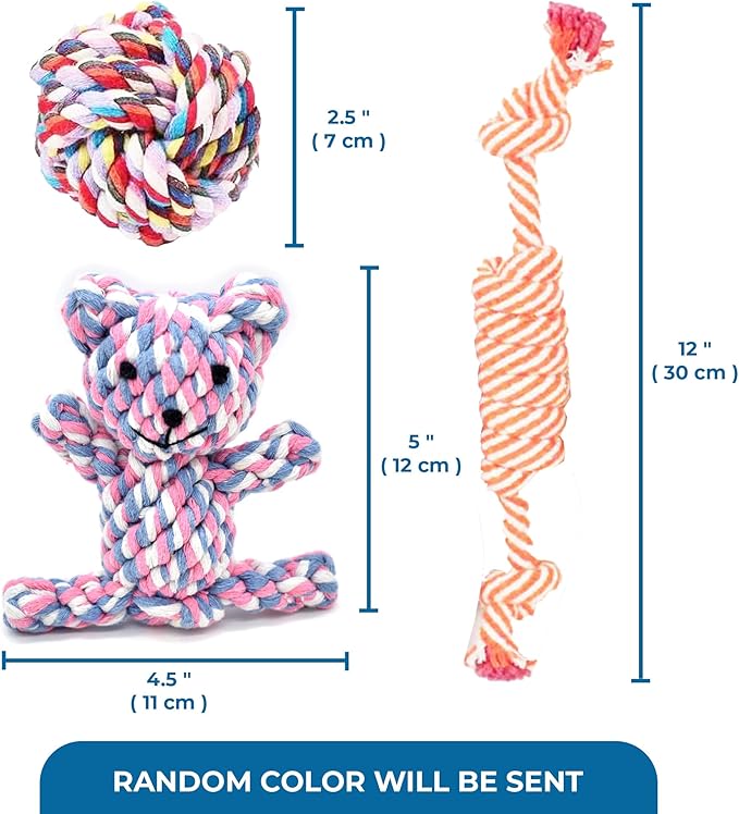 SunGrow Cotton Knot Puppy Chews, 4.5" Tough Teething Chewable Teddy Bear, 2.5" Ball, 12" Durable Oral Chew Rope, Handwoven for Small Breeds Dog, Massage Teeth, Gums, Random Color, 3 Pcs
