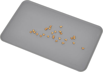 Amazon Basics Waterproof Non-Slip Silicone Pet Feeding Mat with Raised Edges, Prevents Spills, Easy to Clean, Protects Floors for Cat & Dog Food and Water Bowls, 18.5 x 11.5 Inches, Gray