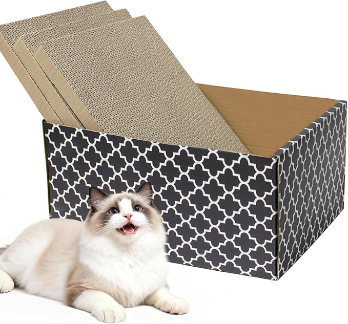 Cardboard Cat Scratcher Box with 3PCS Extra-Large Double-Sided Scratching Board, Heavy Duty Cat Scratcher Bed, Sturdy and Refillable, Ideal for Scratching and Sleeping, Premium House for Indoor Cats