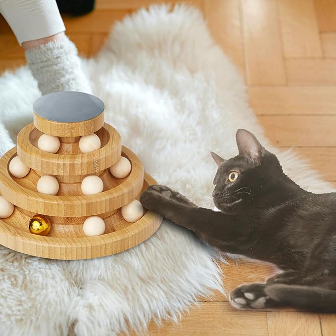 Wooden Cat Ball Track Toy 3-Layer Cat Ball Tower Toy with Suction Cup Cat Teaser Wand Set,Bamboo Cat Toys for Indoor Spinning Bell Balls Kitten Exercise Mental Physical,3pcs Replacement Feathers