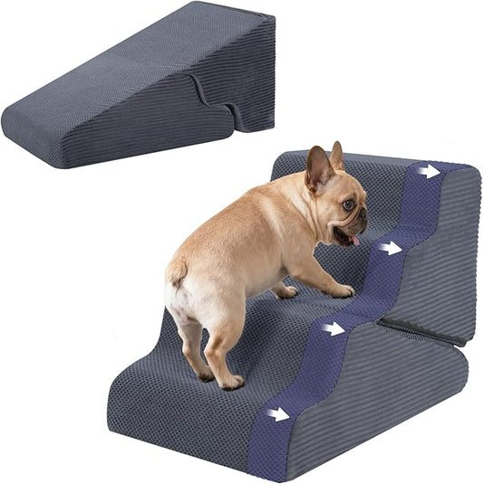 Dog Ramp for Bed, Extra Wide 20" Width Dog Stairs for High Bed, 2 in 1 Pet Steps for Small Dogs, 4-Step Foldable Transformable Large Cats Ramp to Get on Couch, Non-Slip Balanced, Grey