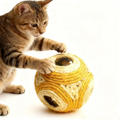 1x Hemp Ball Cat Toy,Six-Hole Hollow-Out Designed,Sisal Hemp Woven Cat Toy, Plume Bell Inside,Special Kitten Chew Toys for Indoor Cats,Interactive pet (Yellow, 12cm Ball)