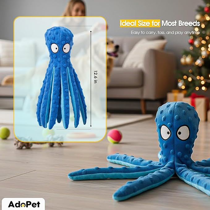 Squeaky Octopus Dog Toy – No Stuffing, Crinkle Sound Plush Chew Toy for Small and Medium Dogs – Durable and Machine Washable – 2 Pack (Blue & Pink)
