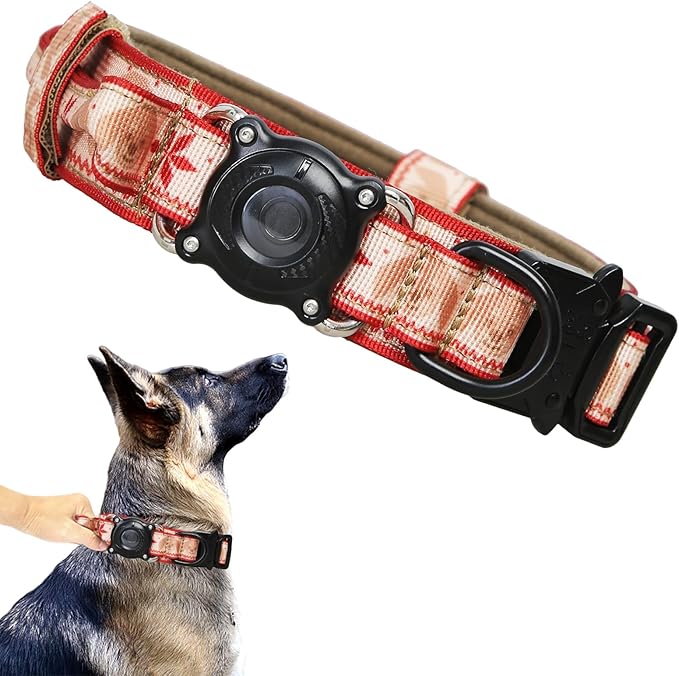 Christmas Tactical Dog Collar with Airtag Holder Waterproof Dog Airtag Collar with Control Handle Adjustable Heavy Duty Dog Collars(Christmas Red，M