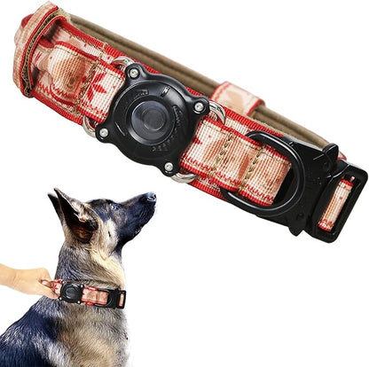Christmas Tactical Dog Collar with Airtag Holder Waterproof Dog Airtag Collar with Control Handle Adjustable Heavy Duty Dog Collars(Christmas Red，M