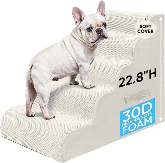 PAWSCART Pet Stairs for Dogs 5-Step, 22.8" H Pet Stairs for High Bed, Couch Sofa & Chair, 30D Material Soft Foam Dog Steps with Non-Slip Bottom Surface Removable Washable Cover, Beige