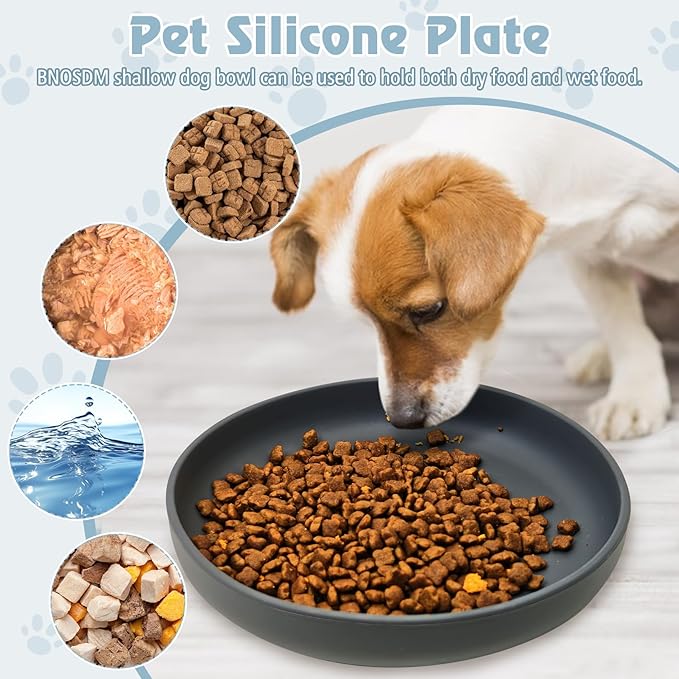 BNOSDM Silicone Dog Bowl Non-Slip Cat Food Plate 2 Pcs Flat Dog Bowls with Suction Cup Shallow Puppy Food and Water Dish for Small and Medium Pets (Steel Gray)