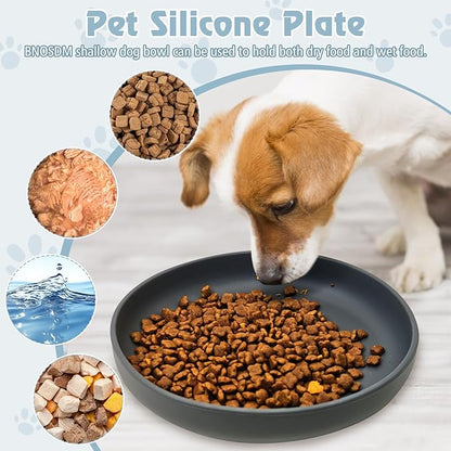 BNOSDM Silicone Dog Bowl Non-Slip Cat Food Plate 2 Pcs Flat Dog Bowls with Suction Cup Shallow Puppy Food and Water Dish for Small and Medium Pets (Steel Gray)