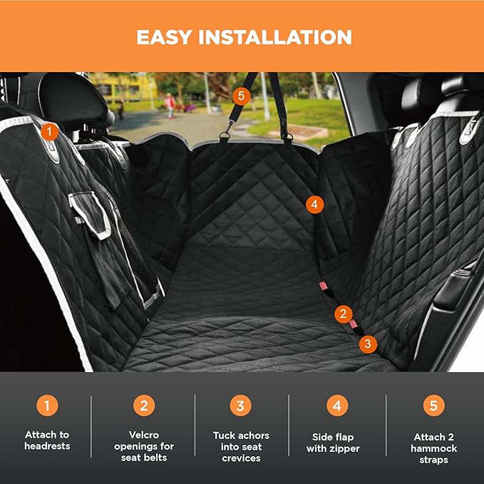 PetsN'all Durable Dog Car Seat Cover to Protect from Scratches, Dirt, Hair and Other Messes, Easy to Clean, 100% Waterproof, Washable, Nonslip, with Mesh Window for Cars Trucks and SUVs Black