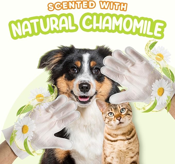 Pet Deodorizing Glove Wipes for Dogs & Cats | Nourish & Clean Fur & Skin | Coconut Oil & Chamomile Rinse-Free Wipes | Bathing Glove Wipes for Daily Care | Natural, Hypoallergenic (18 Pack)