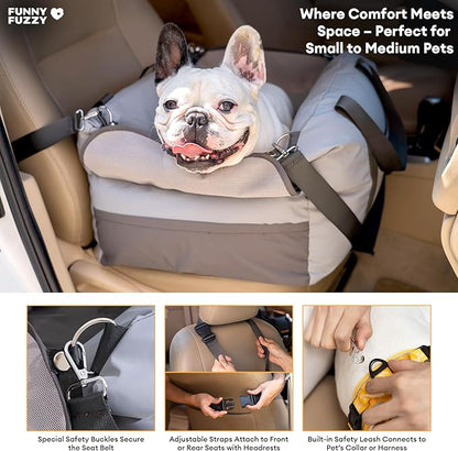 FUNNY FUZZY Waterproof Dog Car Seat for Small & Medium Dogs Up to 35lbs, Detachable & Washable Pet Booster Seat with Leash, Thick Cushion, Storage Pockets & Adjustable Straps (Grey)