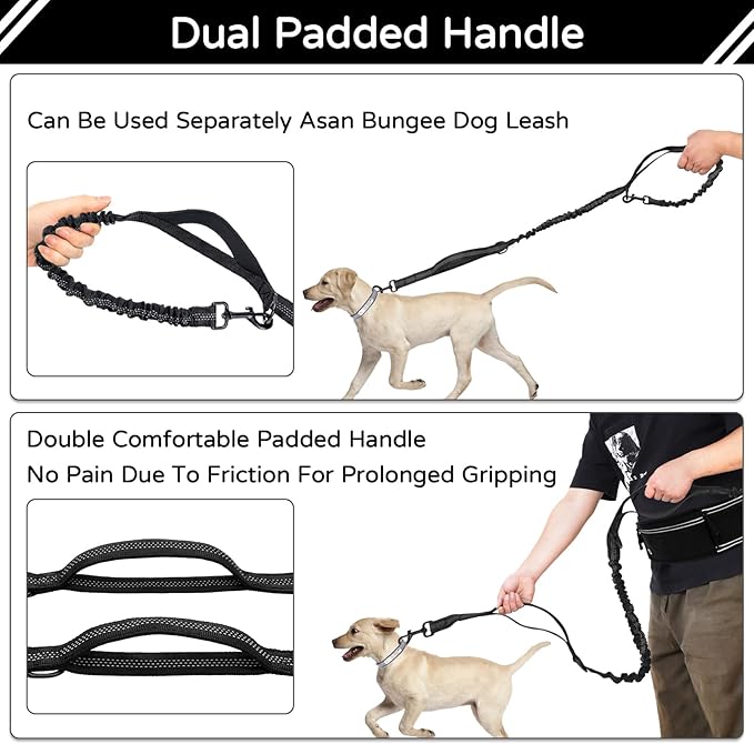 Hands Free Dog Leash with Waist Bag for Large Dog Walking, Shock Absorbing Bungee Leash with Zipper Pouch for Running, Dual Padded Handles & Adjustable Waist Belt