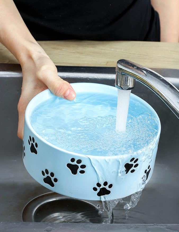 6.5 Inch Blue Ceramic Dog Bowl with Paw Print Pattern - Porcelain Wide Mouth Dog Food or Water Bowls, Large Feeding Pet Bowls for Indoor Medium Sized Dogs, for Wet or Dry Food