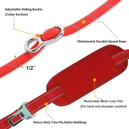10FT Hands Free Dog Leash for Small Medium Large Dogs, Heavy Duty Reflective Dog Leash with Traffic Handle, Seat Belt Buckle & Poop Bag Holder (Red)