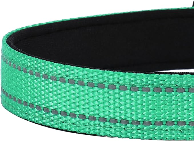 Reflective Dog Collar, Adjustable Soft Neoprene Padded Nylon Pet Collars with Buckle for Medium Dogs, Grass Green,M