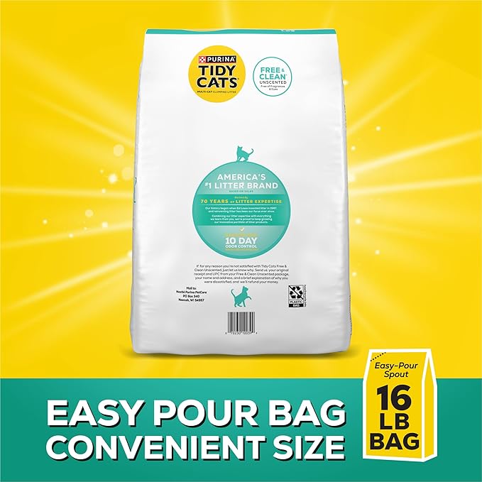 Purina Tidy Cats Clumping Cat Litter Odor Control, Free and Clean Unscented Multi Cat Litter - 16 lb. Bag (Pack of 2)