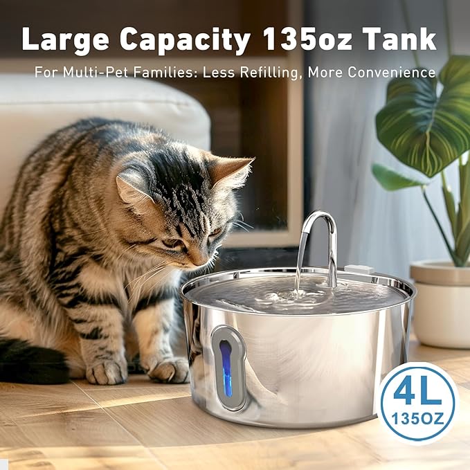 Cat Water Fountain, 4.0L/135oz Automatic Pet Fountain Stainless Steel Large Dog Water Dispenser with Ultra-Quiet Pump & 6 Replacement Filters & for Cats Inside, Dogs, Multiple Pets