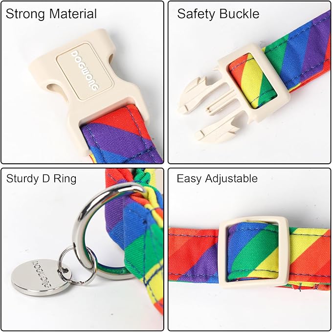 DOGWONG Cotton Dog Collar, Rainbow Dog Collar Durable Soft Natural Fabric Pet Dog Collar Cute LGBTQ Puppy Necklace for Small Medium Large Dog