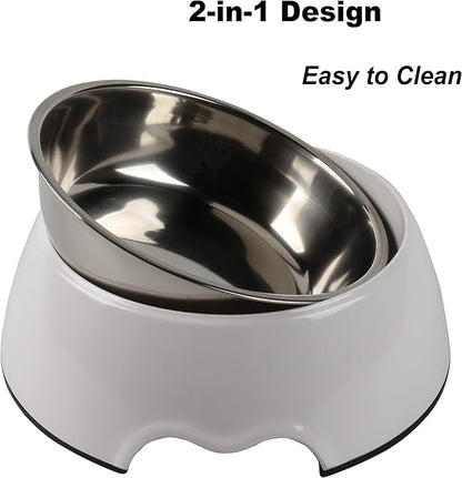 M&BGWPP Melamine Plastic Dog Food Bowl, Non Skid Base，Anti-Slip Pet Feeder Bowls, 2-in-1 Removable Stainless Steel Pet Feeder Holder for Dogs and Cats (28oz 8.66in*2.83in, White)