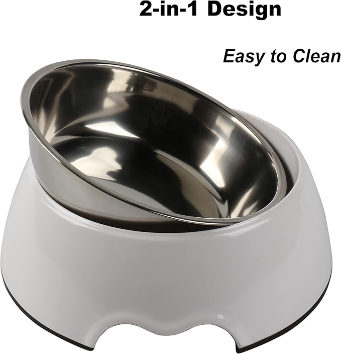 M&BGWPP Melamine Plastic Dog Food Bowl, Non Skid Base，Anti-Slip Pet Feeder Bowls, 2-in-1 Removable Stainless Steel Pet Feeder Holder for Dogs and Cats (14oz 6.89in*2.24 in, White)