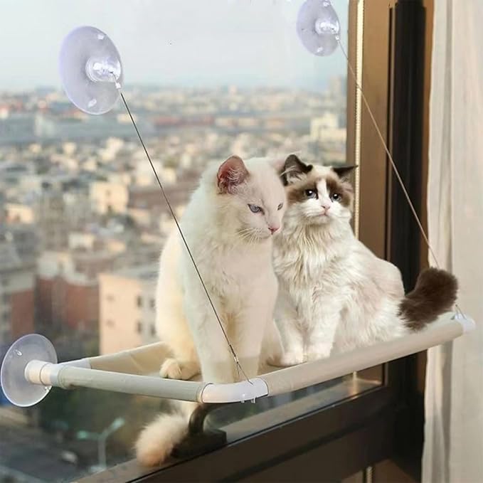 Cat Window Hammock Perch Cat Safety Sunny Bed with Durable Heavy Duty Suction Cups Resting Sunny Window Seat for Indoor Cats Sleeping Space Saving Mounted Bed (Khaki)