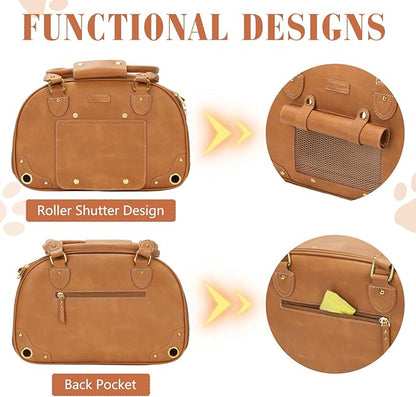PetsHome Dog Carrier Purse, Pet Carrier, Foldable Waterproof Premium PU Leather Pet Travel Portable Bag Carrier for Cat and Small Dog Home & Outdoor Small Brown