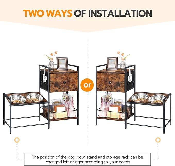 HOOBRO Raised Dog Bowls, Elevated Dog Bowl Stand with 3 Heights Adjustable, 2 Stainless Steel Bowls for Large Medium Breeds, Dogs Feeding Station with Storage, Rustic Brown and Black BF22PO03