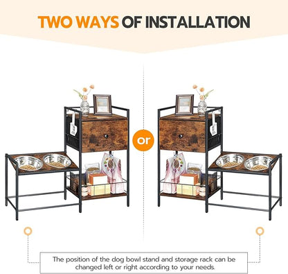HOOBRO Raised Dog Bowls, Elevated Dog Bowl Stand with 3 Heights Adjustable, 2 Stainless Steel Bowls for Large Medium Breeds, Dogs Feeding Station with Storage, Rustic Brown and Black BF22PO03