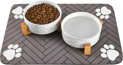 Dog Bowls Set with Wood Stand & Mat Waterproof, 1.5 Cups Ceramic Dog Bowls Elevated for Small Dogs, Dual Food and Water Bowls with Weighted Non-Slip Base 13.5 OZ