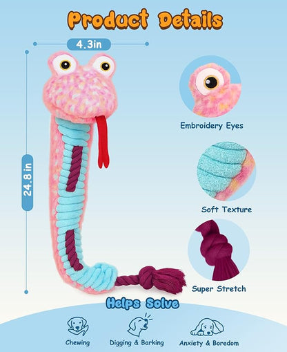 Swooflia Dog Rope Toy - Interactive Cute Snake Squeaky Plush Toys Stuffless, Teeth Cleaning for Small Medium Large and Boredom Dogs, Outdoor Durable Puppy Tug of War Chew Toy