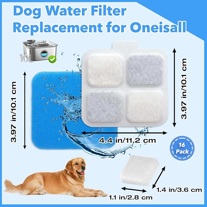 16-Pack Dog Water Fountain Filter Cmpatible with Oneisall PW07SAU 10L/2.64Gal，16 Filters, 16 Pre-Filters & 16 Pump Sponges - High-Performance Multilayer Filtration，Clean & Safe Drinking Water for Dog