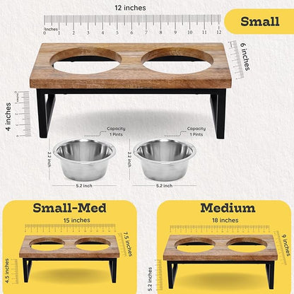 Elevated Dog Bowls, 4” Small Dogs & Cats Raised Bowl Mango Wood Stand, Food & Water 2 Stainless Steel Dishes Each 16oz/2Cup Capacity, Non-Slip Pet Feeder Station in Brown for Toy Breeds