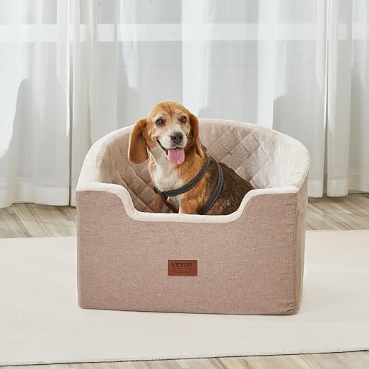 VEVOR Dog Car Seat, Waterproof Dog Booster Seat for Car with a Storage Pocket, Clip-On Safety Leash and Sponge Filling, Pet Bed for Small & Medium Dogs up to 55lbs, Brown